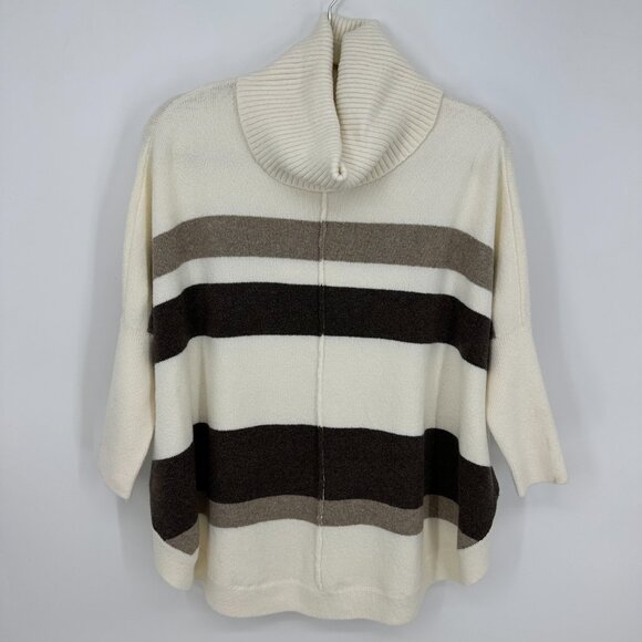 LOFT Turtleneck Poncho Sweater M Striped Relaxed Fit Ribbed Cream Brown NWT - Picture 1 of 8